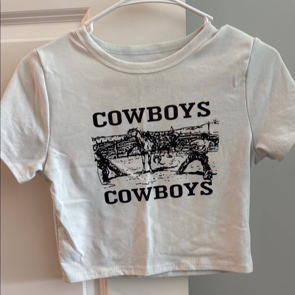 White Crop Top with Cowboys Graphic Design